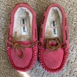 Pinkish red leather Minnetonka moccasins
